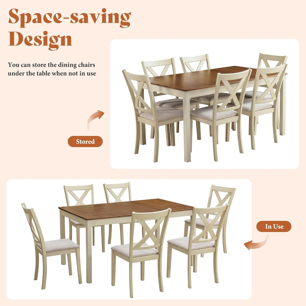 AMERLIFE 7-Piece Farmhouse Dining Table Set for 6, 60" Solid Wood Kitchen Table with 6 Upholstered Chairs, Space-Saving Rustic Dining Set for Dining Room, Kitchen, Small Apartment, Rustic Cream