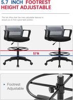 Drafting Chair Tall Office Chair Adjustable Swivel Rolling Mesh Height with Lumbar Support Arms Footrest Mid Back for Adults Standing Desk Drafting Stool (Grey)
