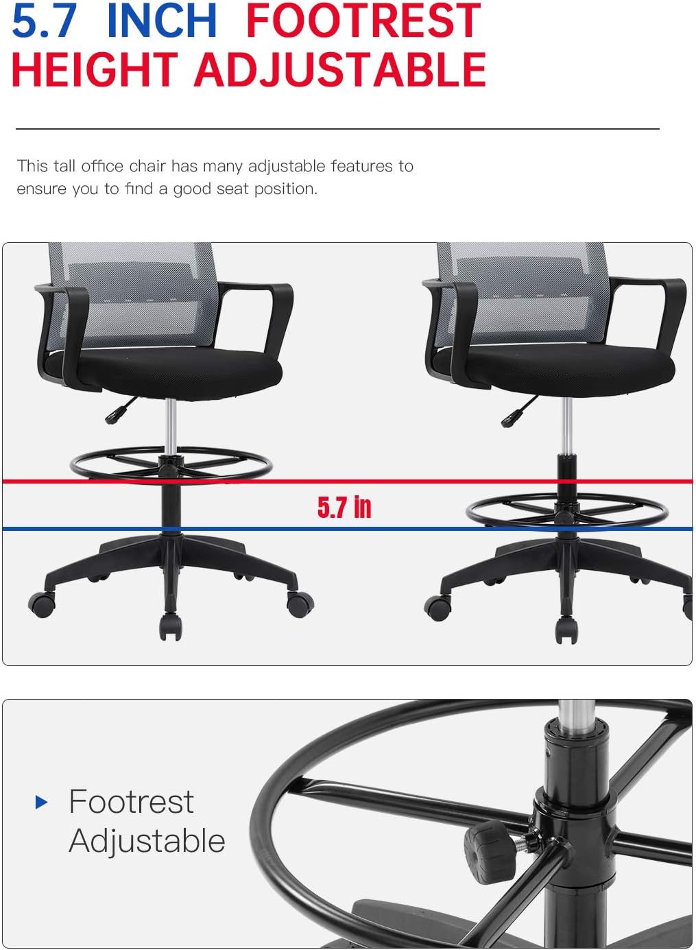 Drafting Chair Tall Office Chair Adjustable Swivel Rolling Mesh Height with Lumbar Support Arms Footrest Mid Back for Adults Standing Desk Drafting Stool (Grey)