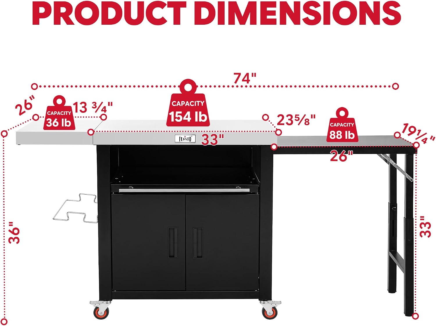 Feasto Outdoor Kitchen Island with Cabinet, 74” x 26” Rolling Grill Table | Grill Table with Stainless Steel Top for Pizza Oven& Griddles, Movable Bar Cart with Pull-Out Plate for Parties & Gathering