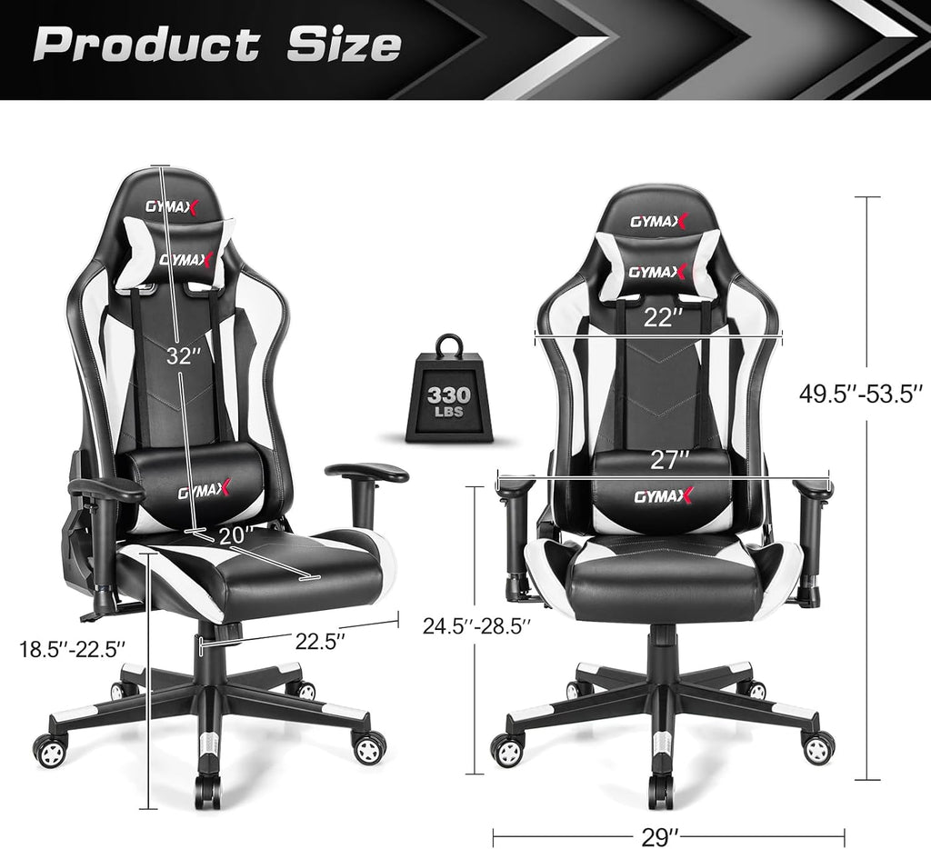 GYMAX Computer Gaming Chair, Racing Style Office Chair with Adjustable Lumbar Support Headrest, 360° Swivel, Height Adjustable Ergonomic Reclining Gaming Chair for Home Office Leisure Room (White)