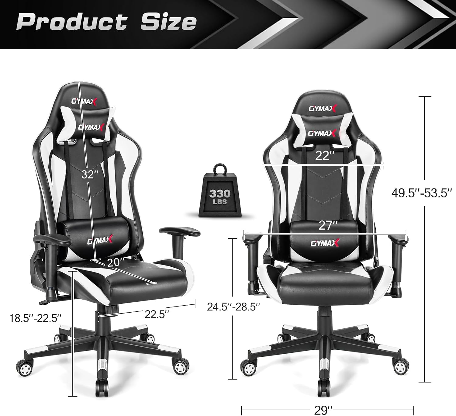 GYMAX Computer Gaming Chair, Racing Style Office Chair with Adjustable Lumbar Support Headrest, 360° Swivel, Height Adjustable Ergonomic Reclining Gaming Chair for Home Office Leisure Room (White)