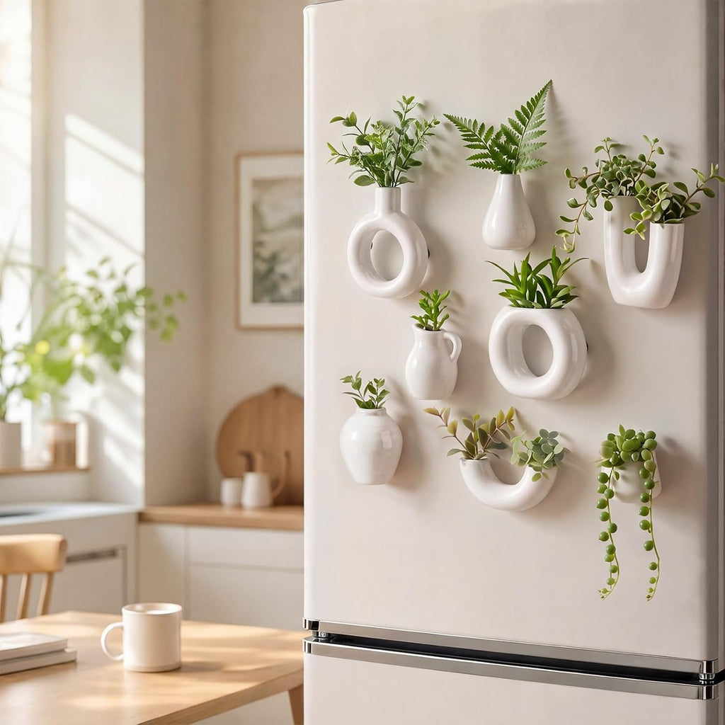 Hushee 8 Pcs Small White Ceramic Vase Fridge Magnets, 2.36 Inch Minimalist Nordic 3D Plant Magnets for Refrigerator, Modern Boho Cute Magnetic Mini Bud Decorative Vases for Kitchen Office Locker Decor