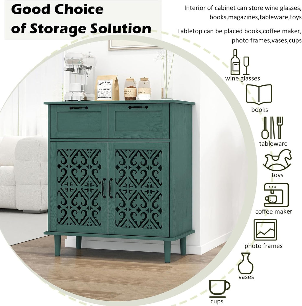 Sideboard Buffet Cabinet, American Farmhouse Green 2 Door 2 Drawer Storage Credenza, Hollow Carved, Living Room Entryway Kitchen Dining Room Console Table, Home Furniture Decor