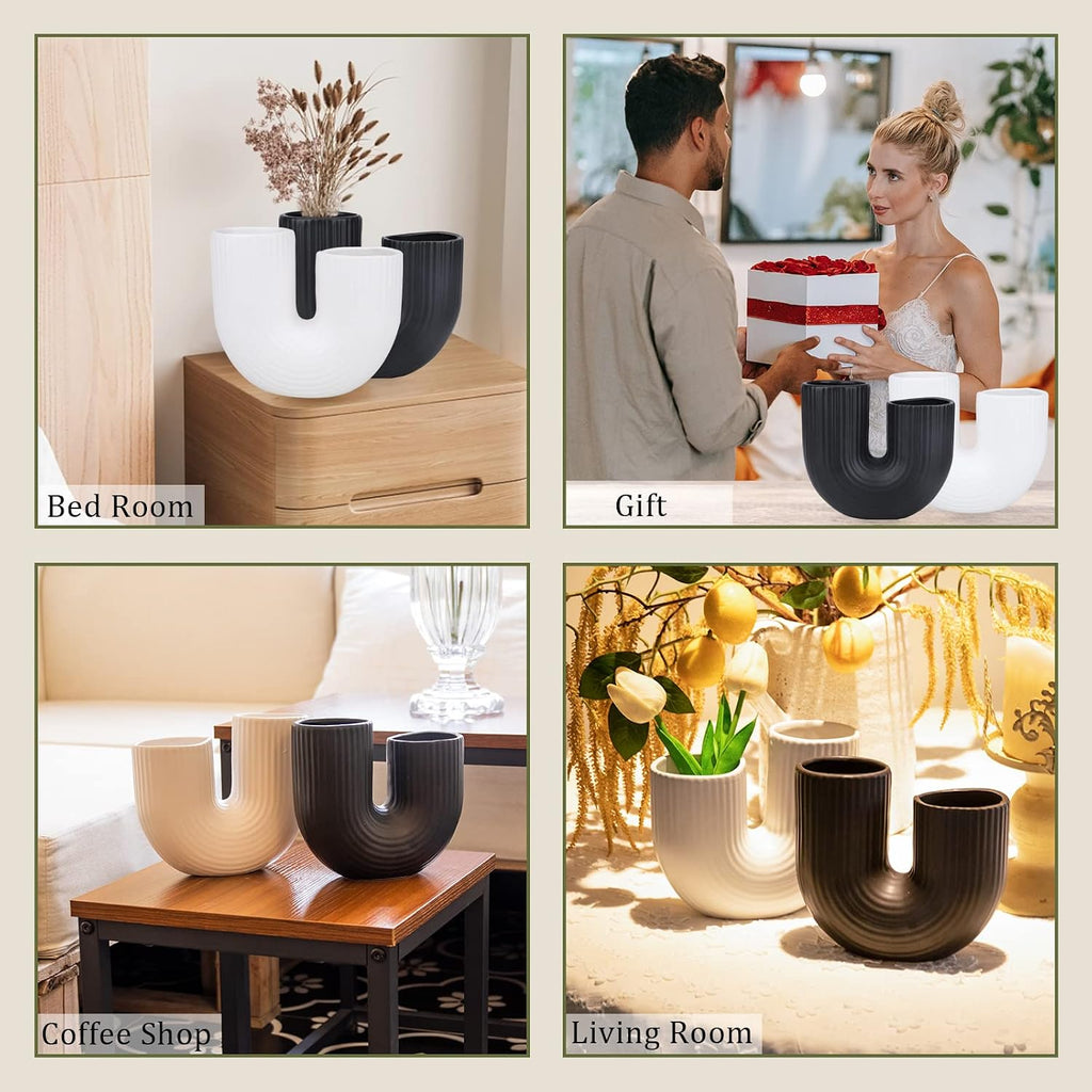 Vipush Ceramic Vase Set for Modern Home Decor Aesthetic, White and Black Round Matte Infinity Vases for Decorative Gift, Flower Vases for Living Room Wedding Coffee Table Party Bedroom