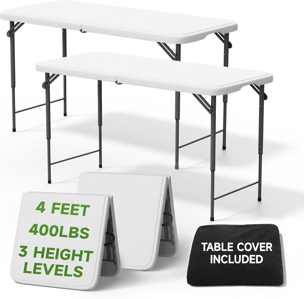 4 Foot Folding Table with Black Table Cloth- 3-Position Adjustable Height, Heavy Duty 400 lbs Capacity - Portable Folding Tables for Camping, Party, Indoor & Outdoor Use, 2 Pack