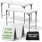 Folding Table 4 Foot with Black Table Cloth- 3-Position Adjustable Height, Heavy Duty 400 lbs Capacity - Portable Tables Folding for Camping, Party, Indoor & Outdoor Use, 2 Pack