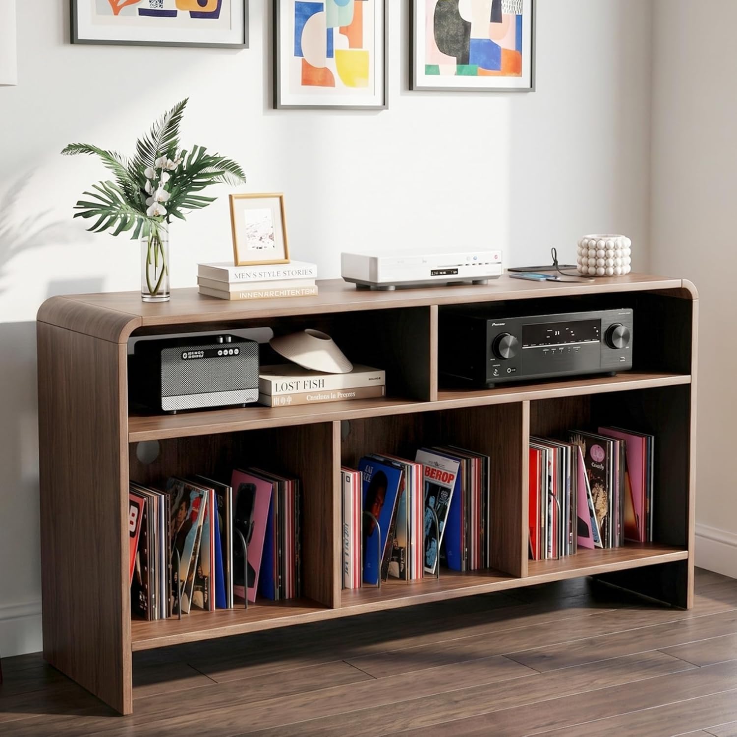 Record Player Stand with Vinyl Storage Cabinet, Turtable Stand Table with Charging Station, Curved Vinyl Record Cabinet for Living Room, Holds Up to 350 Albums