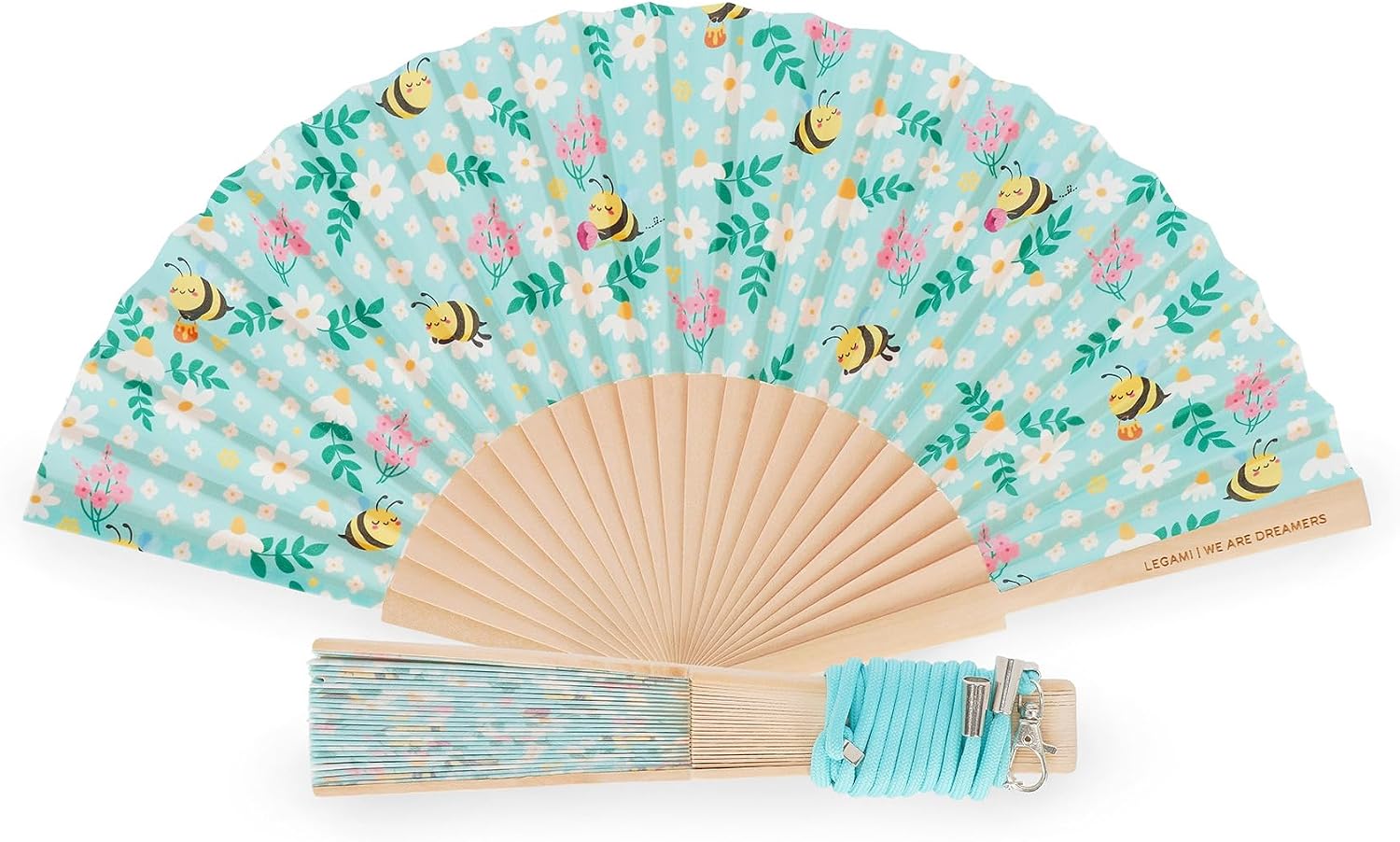 Legami - ¡Que Calor! Folding Fan, Bee Theme, Matching Removable and Adjustable Lanyard, Polyester, Wooden Handle, 3.5 x 23 cm