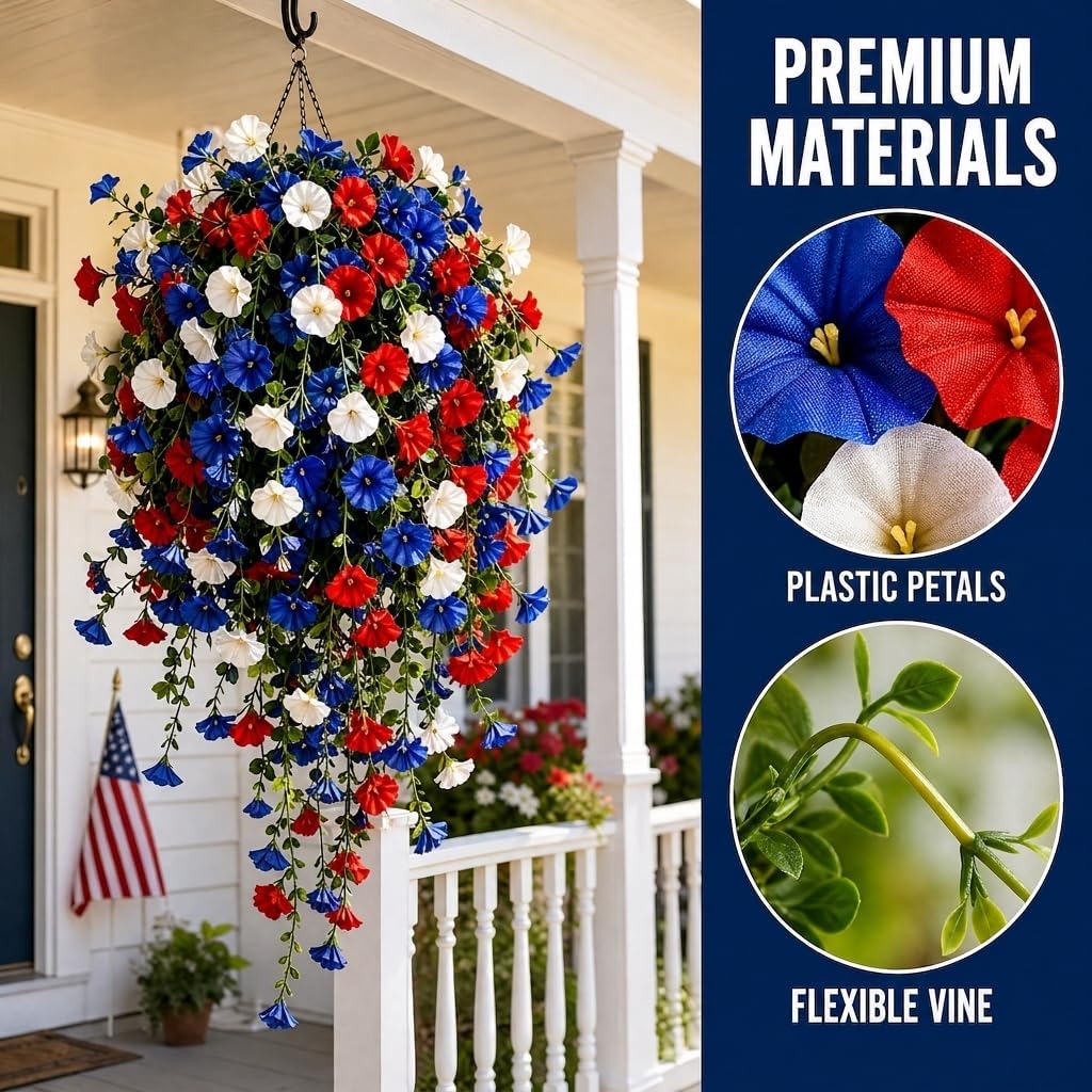 4th of July Decoration Tricolor Patriotic Artificial Flower, UV Resistant Red White Blue Artificial Morning Glory Vines, Patriotic Artificial Plants for Independence Day, Outdoor Decor (2 Pcs)
