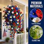 4th of July Decoration Tricolor Patriotic Artificial Flower, UV Resistant Red White Blue Artificial Morning Glory Vines, Patriotic Artificial Plants for Independence Day, Outdoor Decor (2 Pcs)