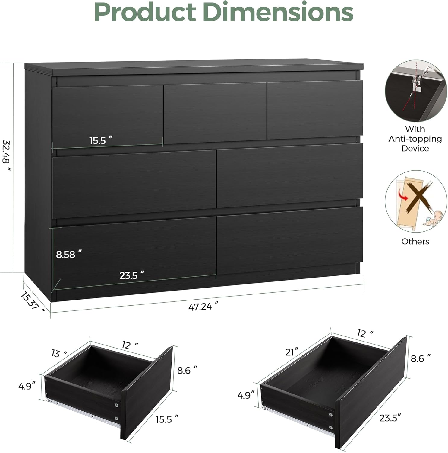 Black 7 Drawer Dresser for Bedroom,Modern Wood Chest of Drawers,Closet Clothes Storage Organizer with Deep Drawers for Living Room Hallway Entryway,Nursery (15.3" D x 47.2" W x 32.3" H)