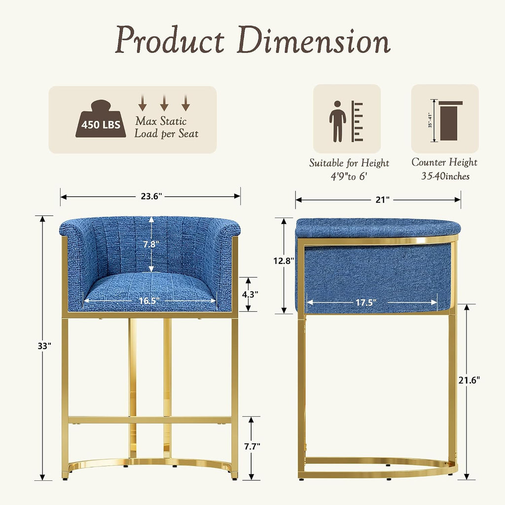 26" H Counter Height Bar Stools Set of 3, Modern Barrel Counter Stools with Backrest, Linen Upholstered Barstools for Kitchen Island, Gold Frame, Support 450 LBS (Blue)