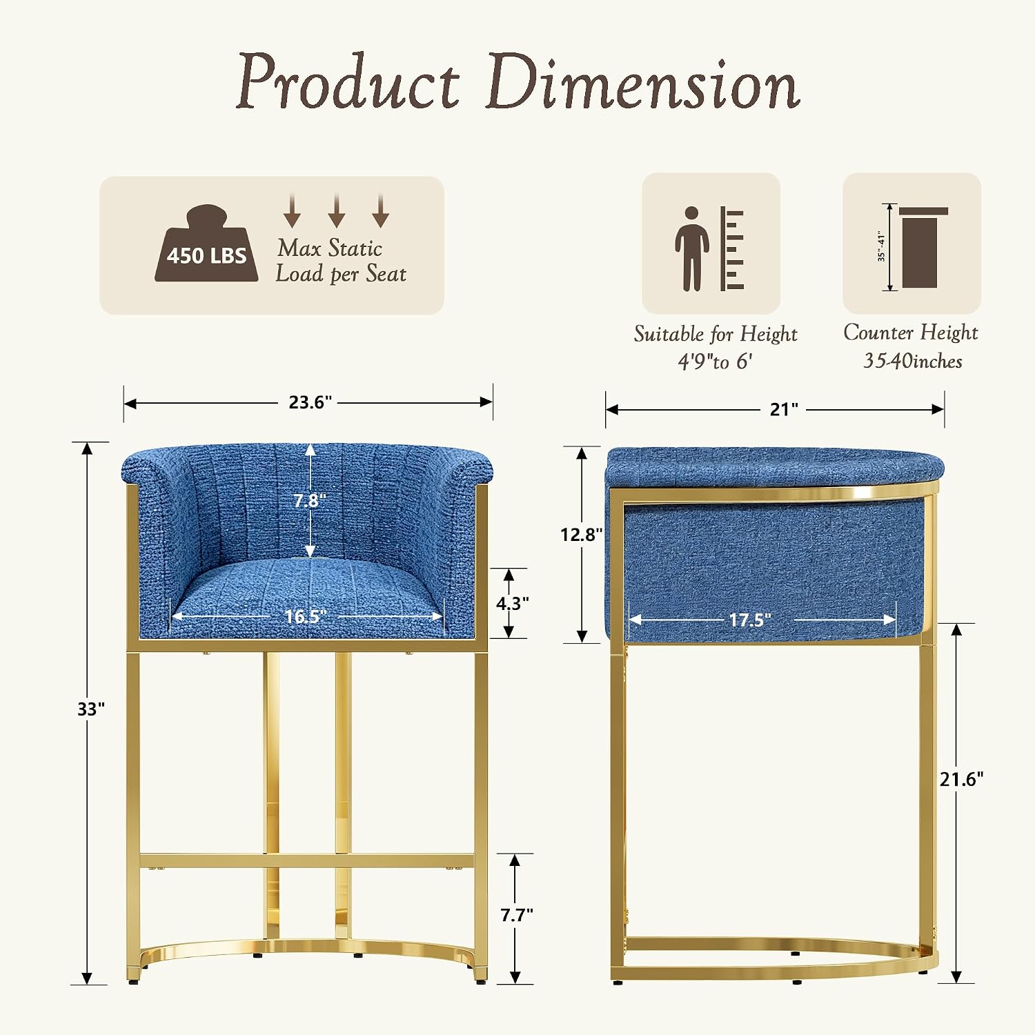 26" H Counter Height Bar Stools Set of 3, Modern Barrel Counter Stools with Backrest, Linen Upholstered Barstools for Kitchen Island, Gold Frame, Support 450 LBS (Blue)