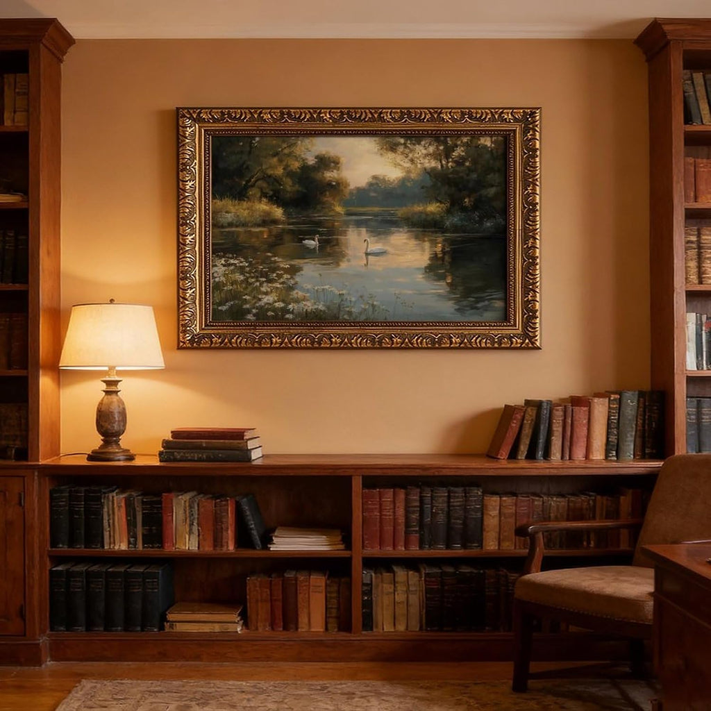 Swan Lake Landscape Oil Painting Vintage Gold Frame Framed Canvas Wall Art for Living Room Bedroom Office Dining Room Entryway Home Decor Ready to Hang 18x12 Inch