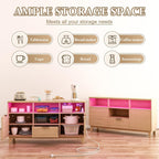 58" Coffee Bar Cabinet with Storage and Drawers, Large Sideboard Buffet Cabinet with Charging Station, Adjustable Lighting, 2 Doors and Open Shelves, Fluted Panel, Natural Oak