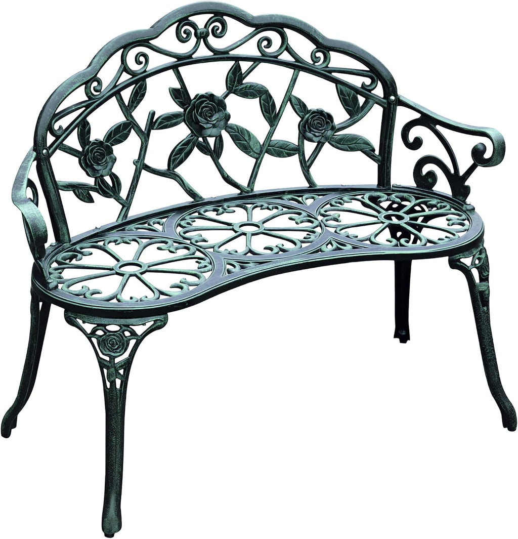 Floral Rose Design Antique Green Cast Aluminum FFor rame Weatherproof Premium Heavy Duty Durable Outdoor Loveseat