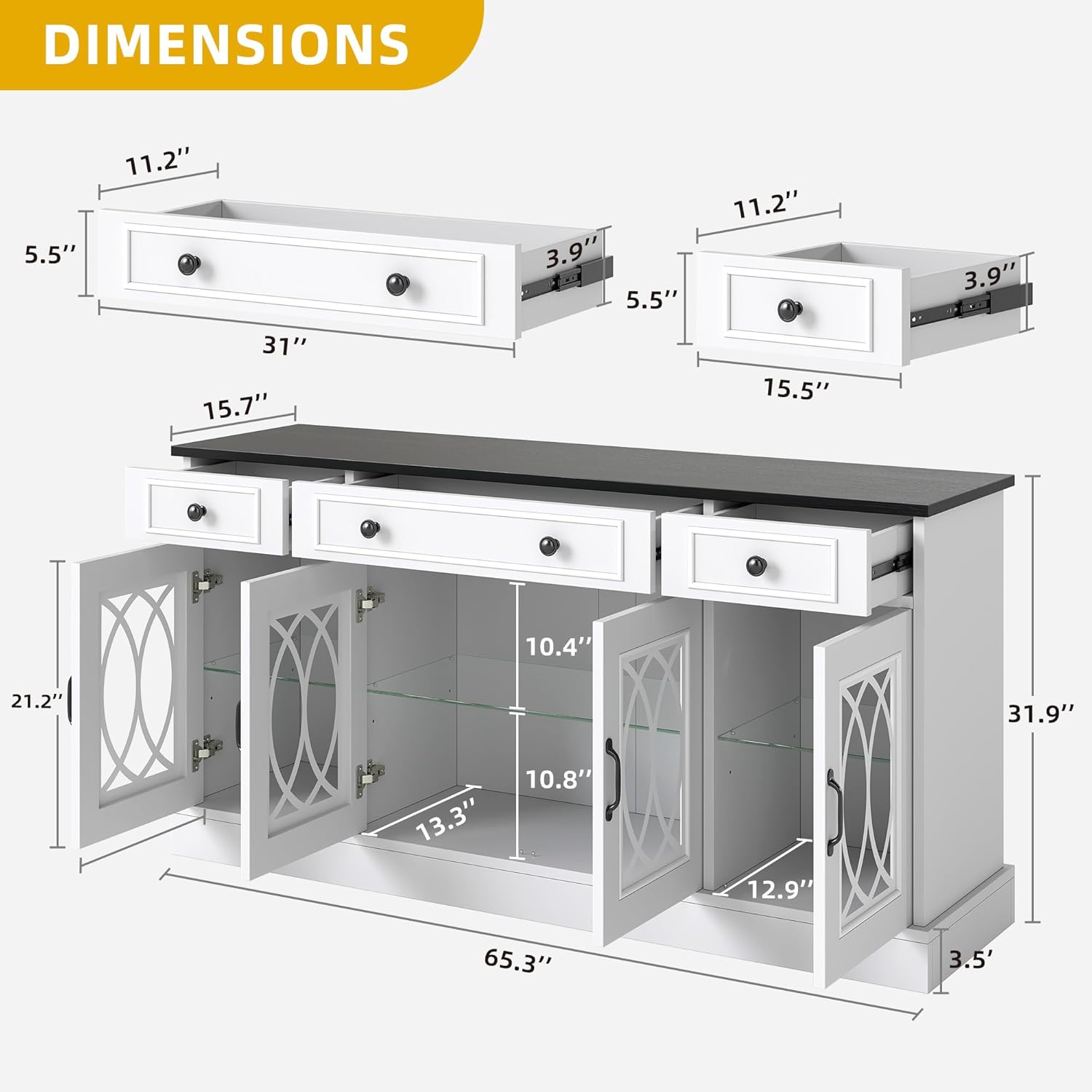 DWVO 65" Buffet Cabinet with 4 Glass Doors Storage, Sideboard Cabinet with 3 Drawers, Coffee Bar with Adjustable Shelves for Kitchen, Living Room, White