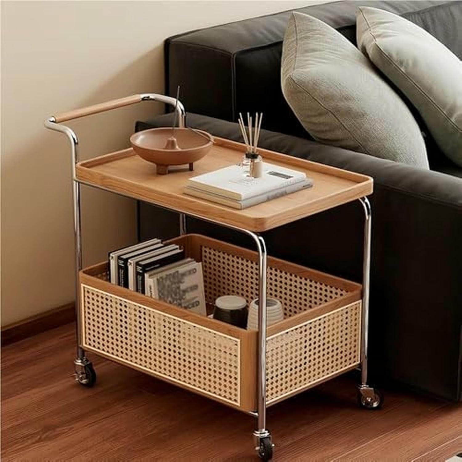 Rolling Rattan Side Table with Wheels - 2-Layer Storage Coffee Table & End Table for Living Room - Stylish Wood & Rattan Design, Space-Saving Solution