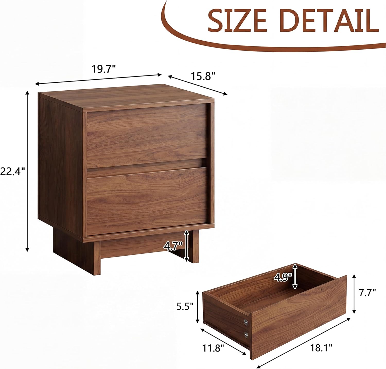 SINROM Walnut Nightstands Set of 2, Mid Century 2 Drawer Bedside End Table | Mid Century Modern Night Stand with 2 Drawers and Sleek Handleless Design, Wooden End Table with Elevated Base for Livingroom