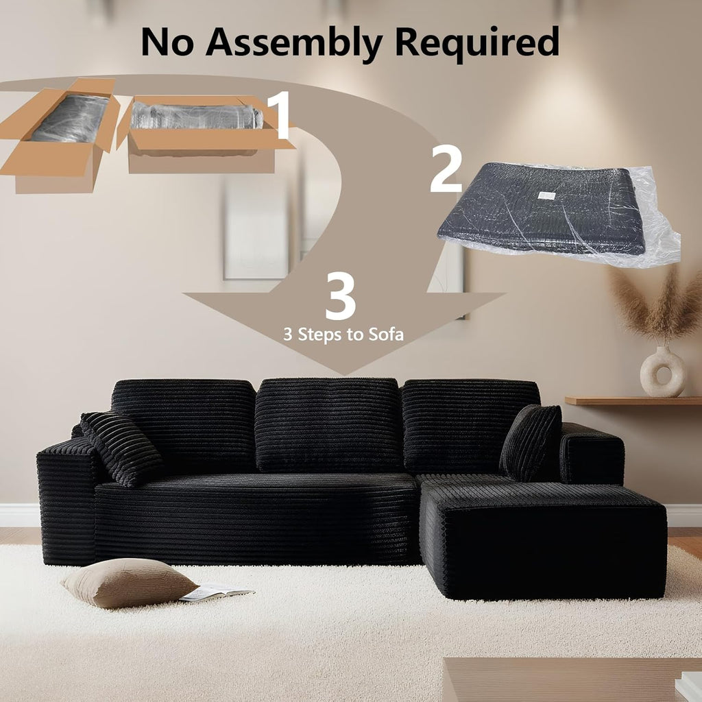 Modular Boneless L Shaped Sectional Couch, Cloud Style Sofa with Deep Seat Cushions, Sofa for Living Room and Apartment, Easy Assembly Couch in a Box (Black, 96" L Shape with Right Facing Chaise)