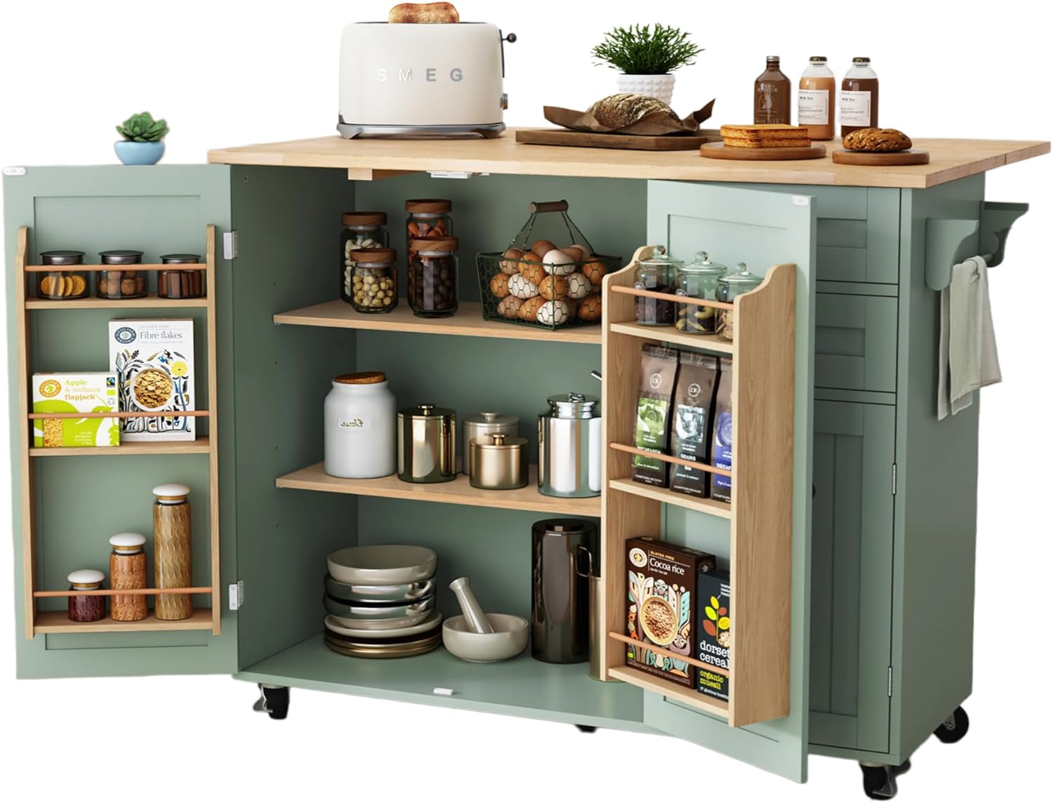 HLR Kitchen Island with Storage, Sage Green Rolling Kitchen Cart on Wheels with Drop-Leaf Bar Countertop, Islands Prep Table with Side Open Spice Rack and Tower Rack, Extra Storage for Kitchen