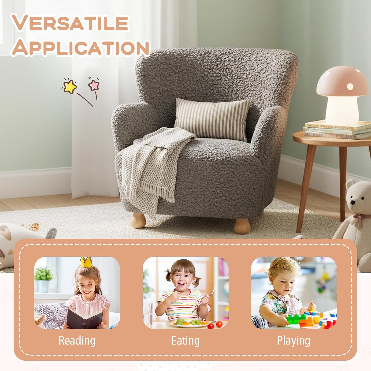 HONEY JOY Toddler Couch, Comfy Kids Chair w/Solid Wooden Frame & Sherpa Fabric, Upholstered Armchair Preschool Furniture, Baby Couch for Playroom, Kids Sofa for Girls Boys (Grey)