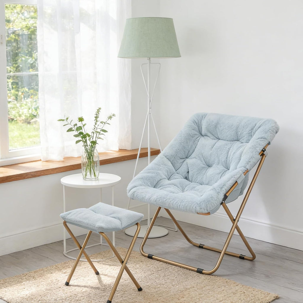 Magshion Oversized Folding Chair for Adults, Reading Chair with Ottoman, Faux Fur Fluffy Circle Accent Seat Comfy Living Room Lounge Chair for Bedroom Corner, Dorm, Apartment (Blue)