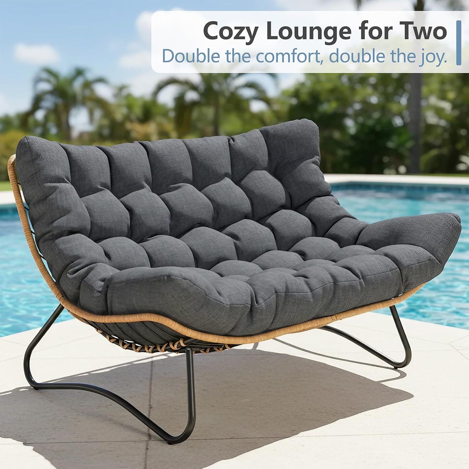 SWITTE Outdoor Papasan Loveseat, Oversized Double Wicker Egg Chair with Cushion, All-Weather Rattan 2-Seater Patio Lounge Chair for Balcony, Backyard, Poolside, Porch, Charcoal