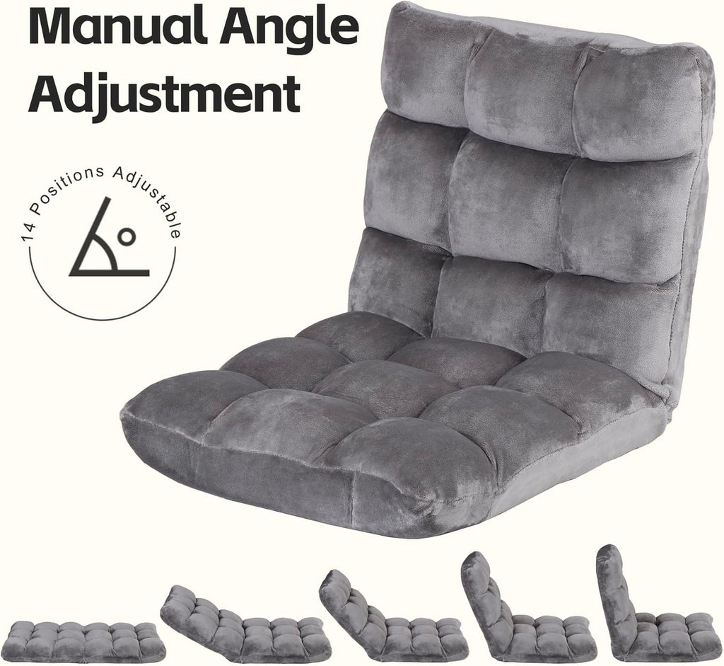 Nouva Adjustable Floor Chair 14-Position Sofa Bed Foldable Cushion Video Gaming Chairs Bean Bag Chair Reading Seating for Adults Kids Teens for Bedroom Living Room Indoor Use,Grey
