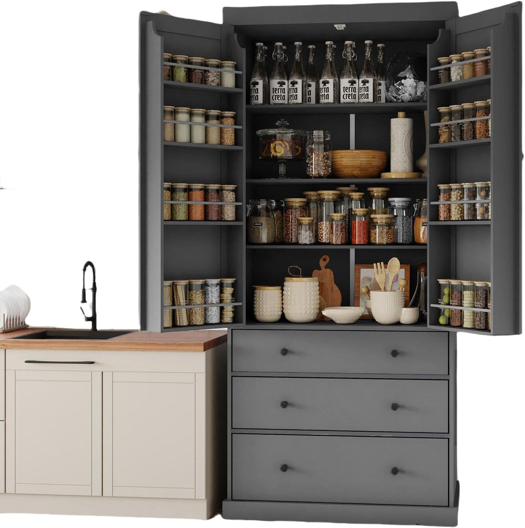 Kitchen Pantry Cabinet,77inch Farmhouse Kitchen Pantry, Freestanding Tall Cupboard Storage Cabinet with 3 Adjustable Shelves, 8 Door Shelves, 3 Drawers Organizer Buffet for Dining Room (Gray)