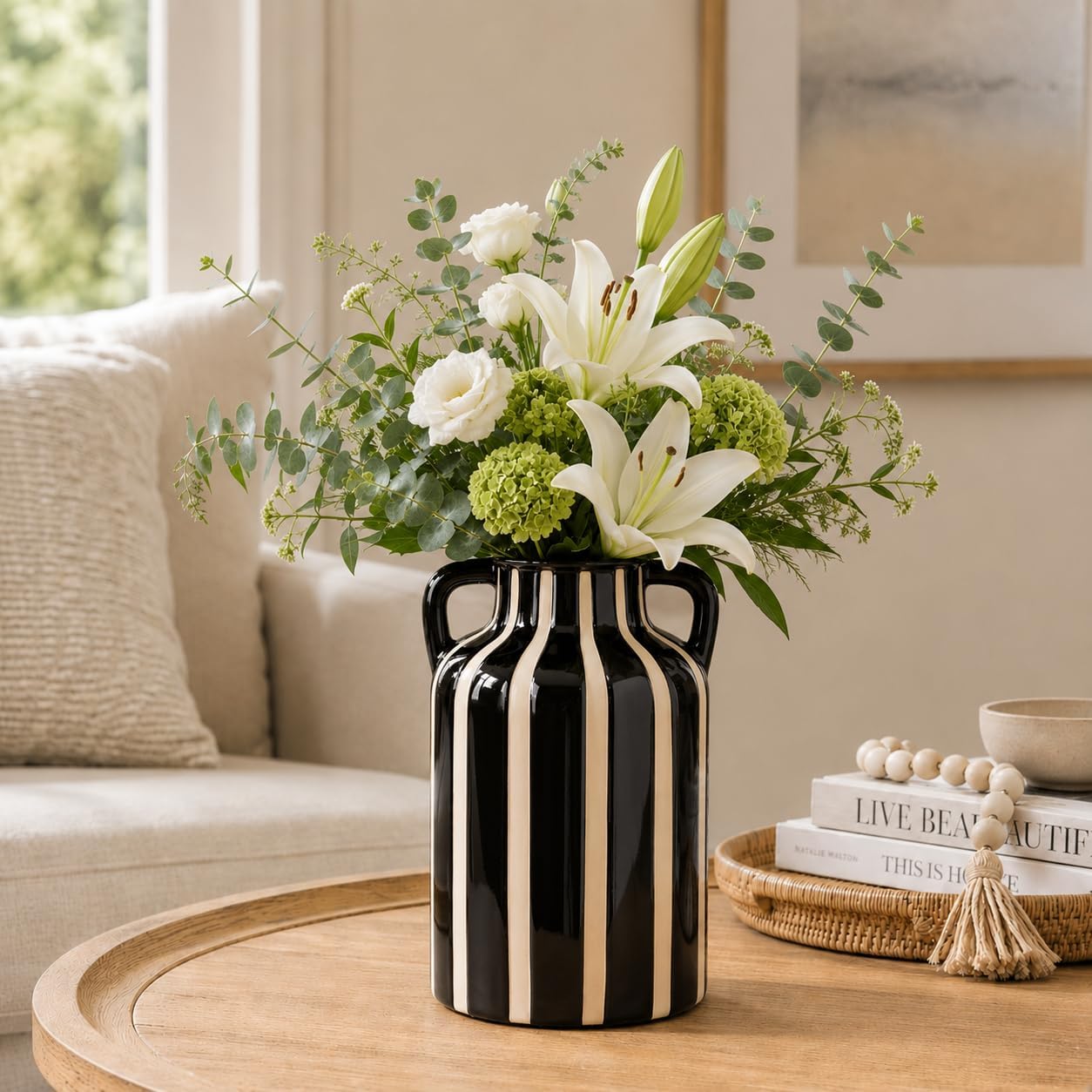 SURE YUESI Black Ceramic Vase with Handles, Modern Farmhouse Striped Decorative Vase, 9.1" Art Deco Tall Flower Vases for Pampas Grass, Shelf Decor, Dining Table Centerpiece, Living Room Home Decor