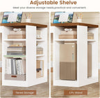 SEDETA L Shaped Desk with 2 Drawers, 65"x 59" Large Home Office Desk with Lockable File Drawer & Power Strip, Corner Desk with Storage & LED Strip, White + Brown