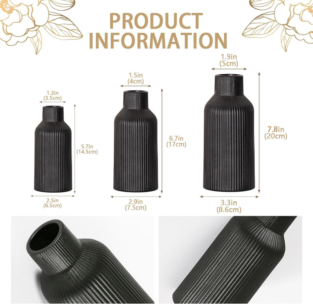 Bohemian Black Ceramic Vase - for Pampas Grass, Mantel, Bookshelf, Entryway and Living Room Decor (Black, Set of 3)