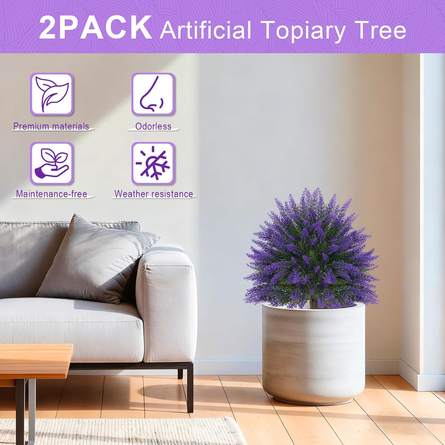 Artificial Lavender Topiary for Outdoors 2 Set of 16'' UV Resistant Evergreen Fake Shrubs Bushes with Ground Spike Topiary Ball Faux Plants for Outdoor Indoor Front Porch Garden