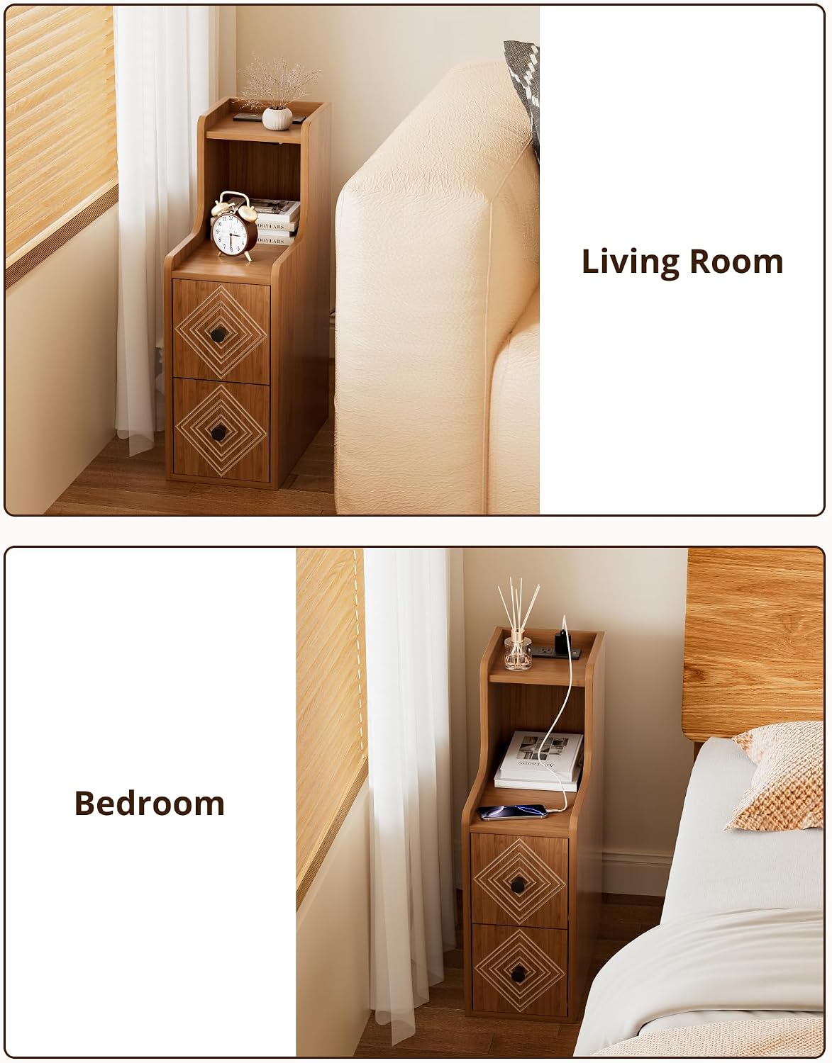 Narrow End Table Set of 2 with Charging Station, Walnut Skinny Bedside Tables with Storage Drawers, Small Side Tables for Small Spaces, Bedroom