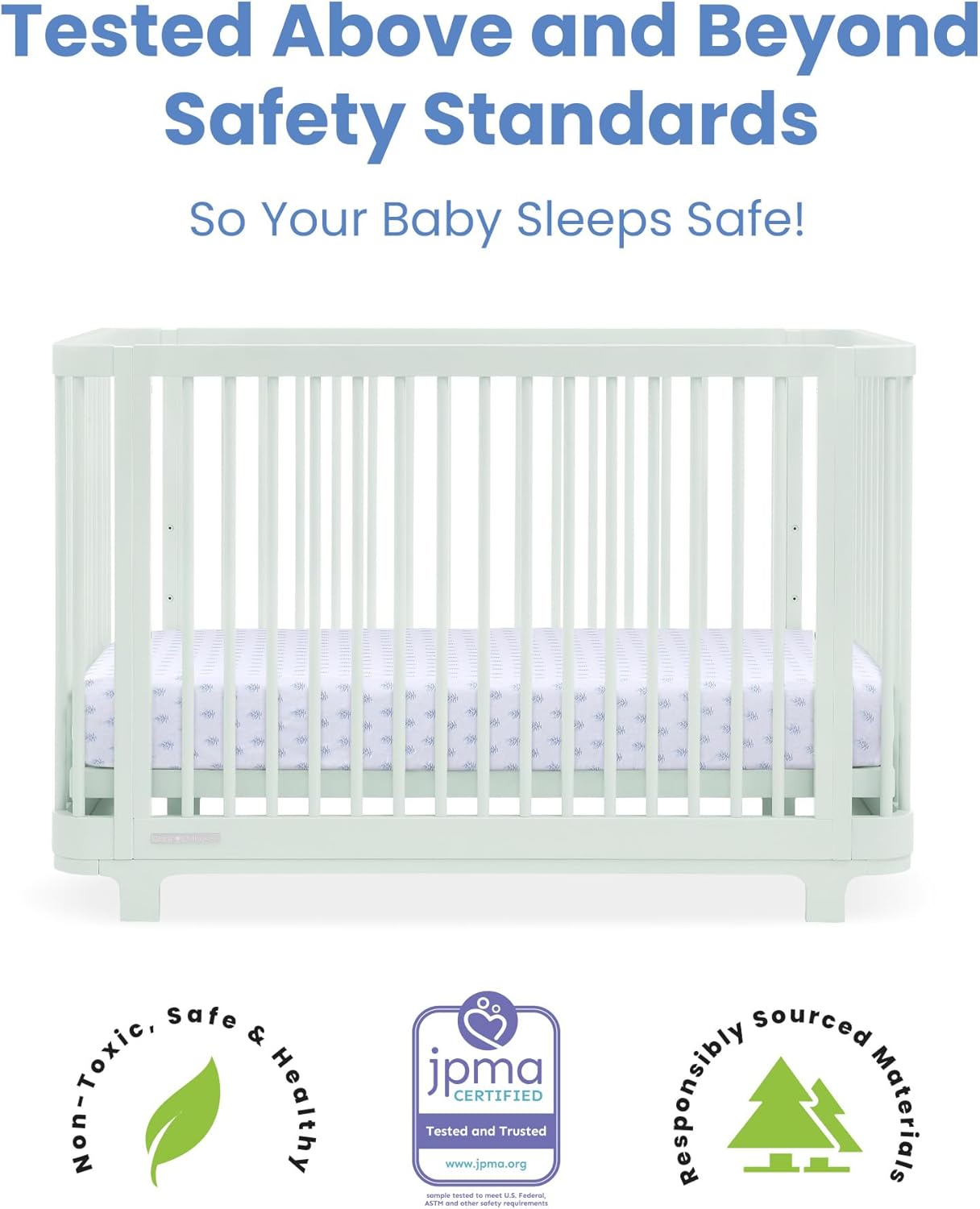 Delta Children Nest Crib 6-Piece Baby Nursery Furniture Set–Includes: Convertible Crib, Dresser, Changing Top, Mattress, Fitted Sheets & Changing Pad, Light Sage