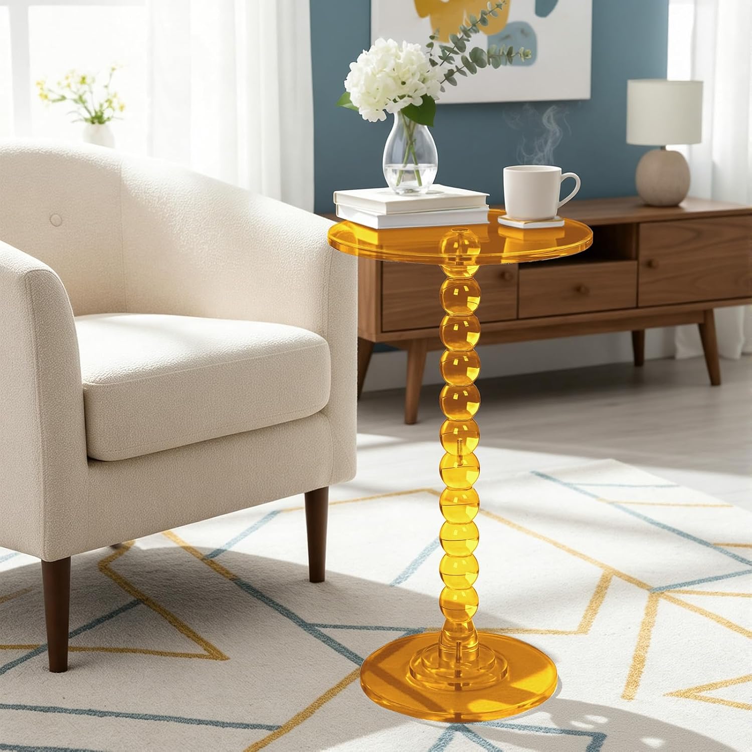 Acrylic Round Side Table Clear End Stand with Column Base Transparent Modern Pedestal Drink Storage Small Space Bedside Nightstand for Living Room Bedroom Balcony Home Decor Orange