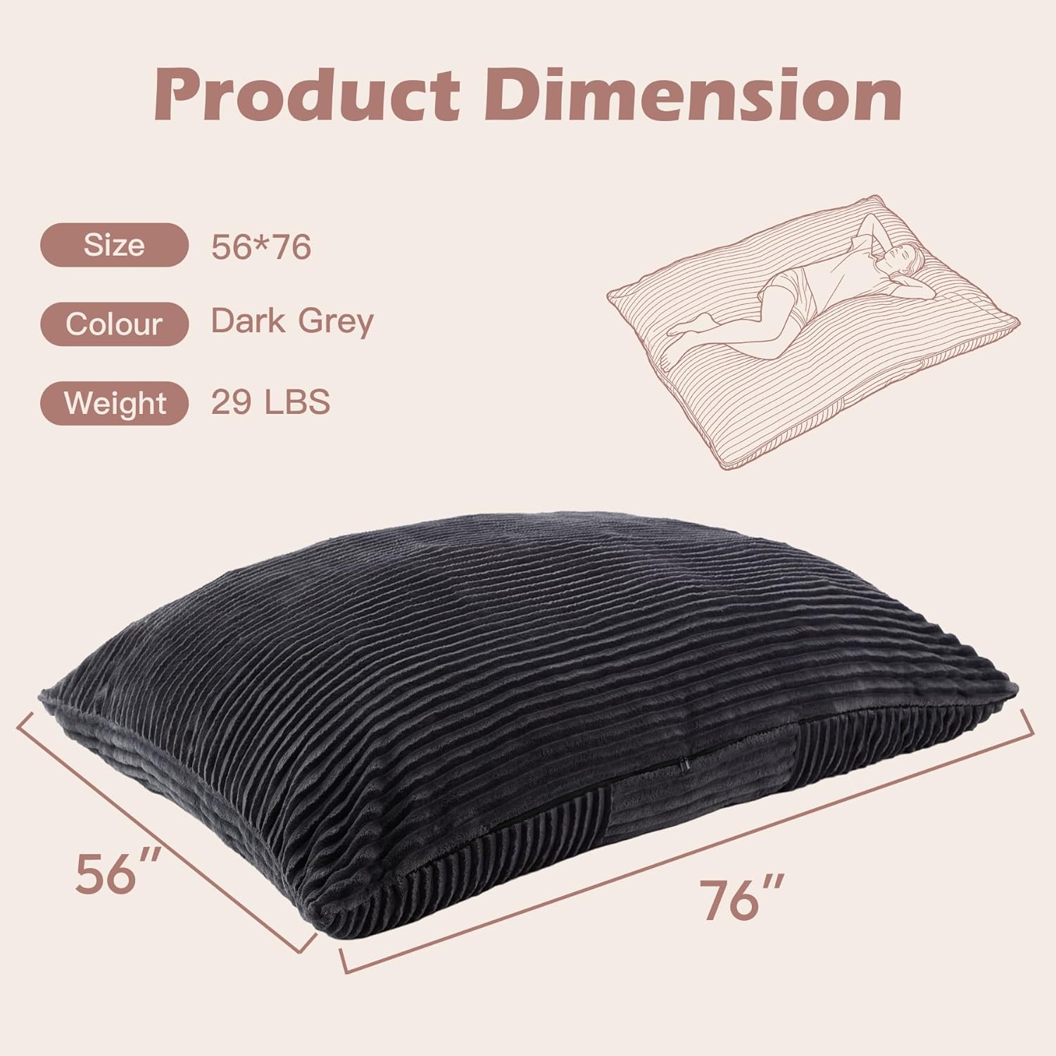 Bean Bag Chair, Giant Bean Bag Chair, 4 in 1 Convertible Beanbag Chairs for Adults with Removable Cover, Memory Foam Floor Cushions, Living Room, Bedroom, Dark Grey