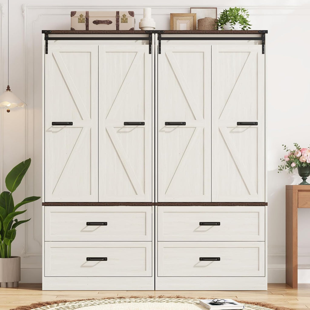 Farmhouse Wardrobe Armoire Closet with 4 Doors and 4 Drawers, 72" Wooden Clothing Storage Cabinet, Freestanding Large Capacity Storage Wardrobe Armoire with Hanging Rod for Bedroom,Antique White