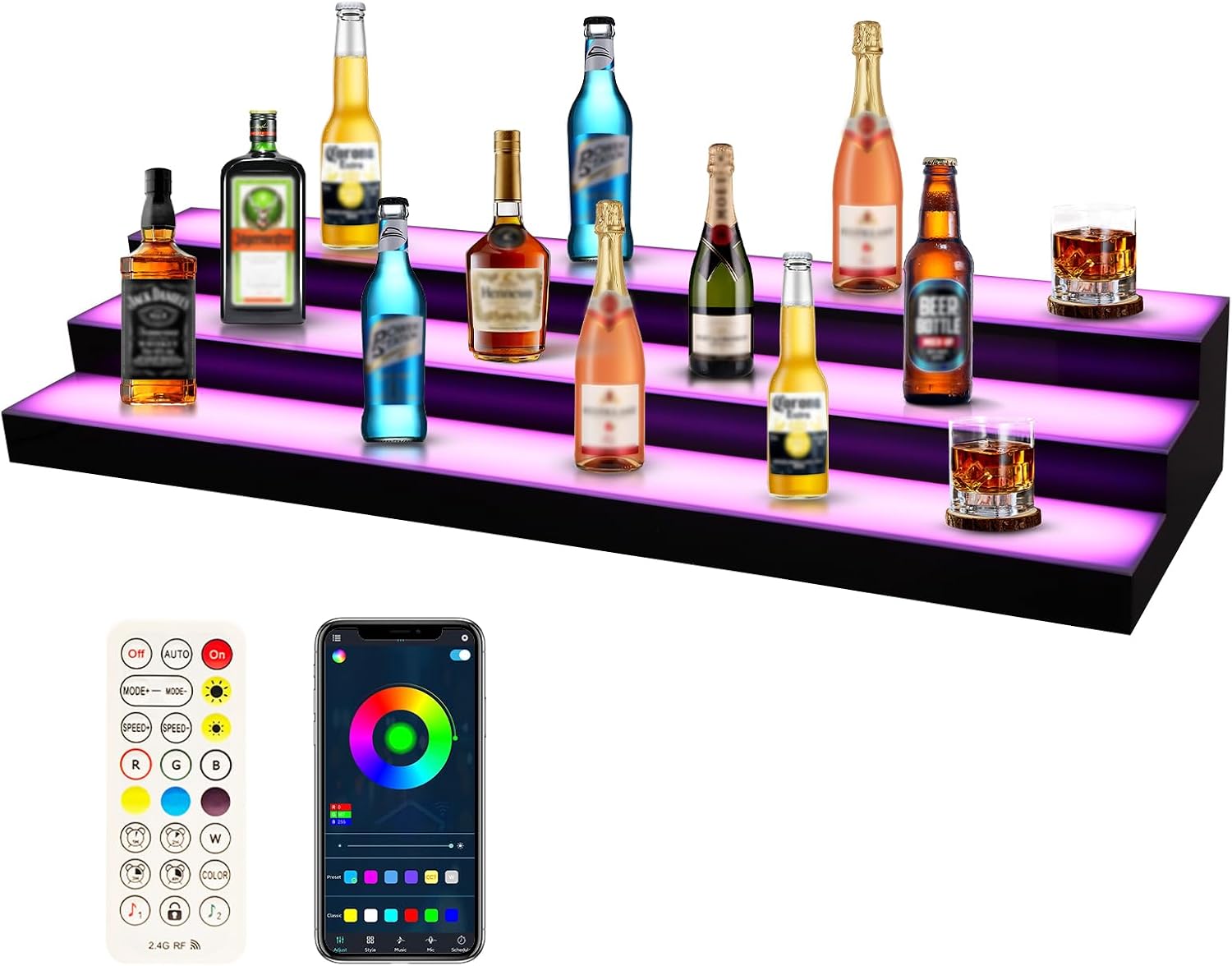 FAHKNS Lighted Liquor Bottle Display, 3 Tiers 40 Inch Acrylic LED Bar Shelf with App Control, Commercial Grade Large Illuminated Liquor Bottle Stand for Home Bar, Club, KTV, Hotel Decoration