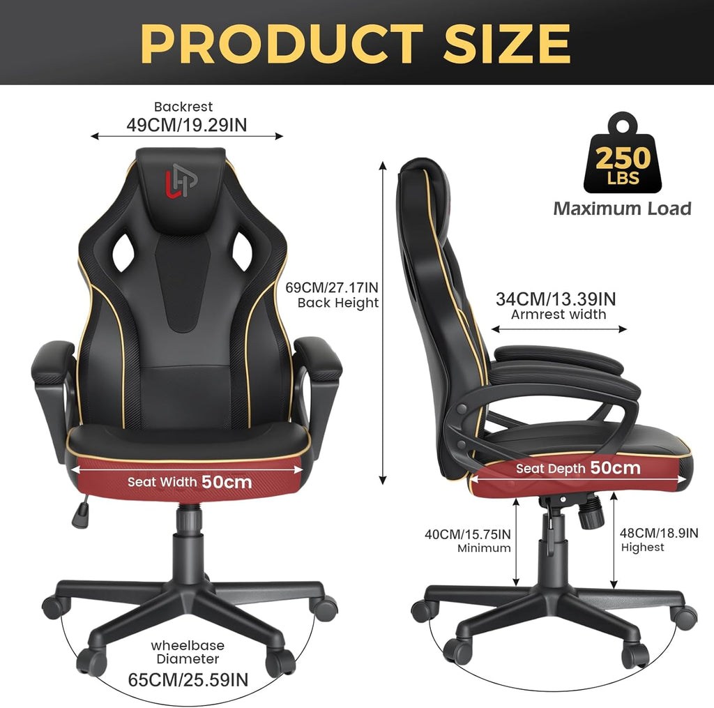 HapGIFT Gaming Chair, Ergonomic Computer Gaming Chairs with Link Armrest, PU Leather Video Game Chairs for Adults Teens, Height Adujustable Racing Style PC Chair for Home, 300LBS (BLACK)