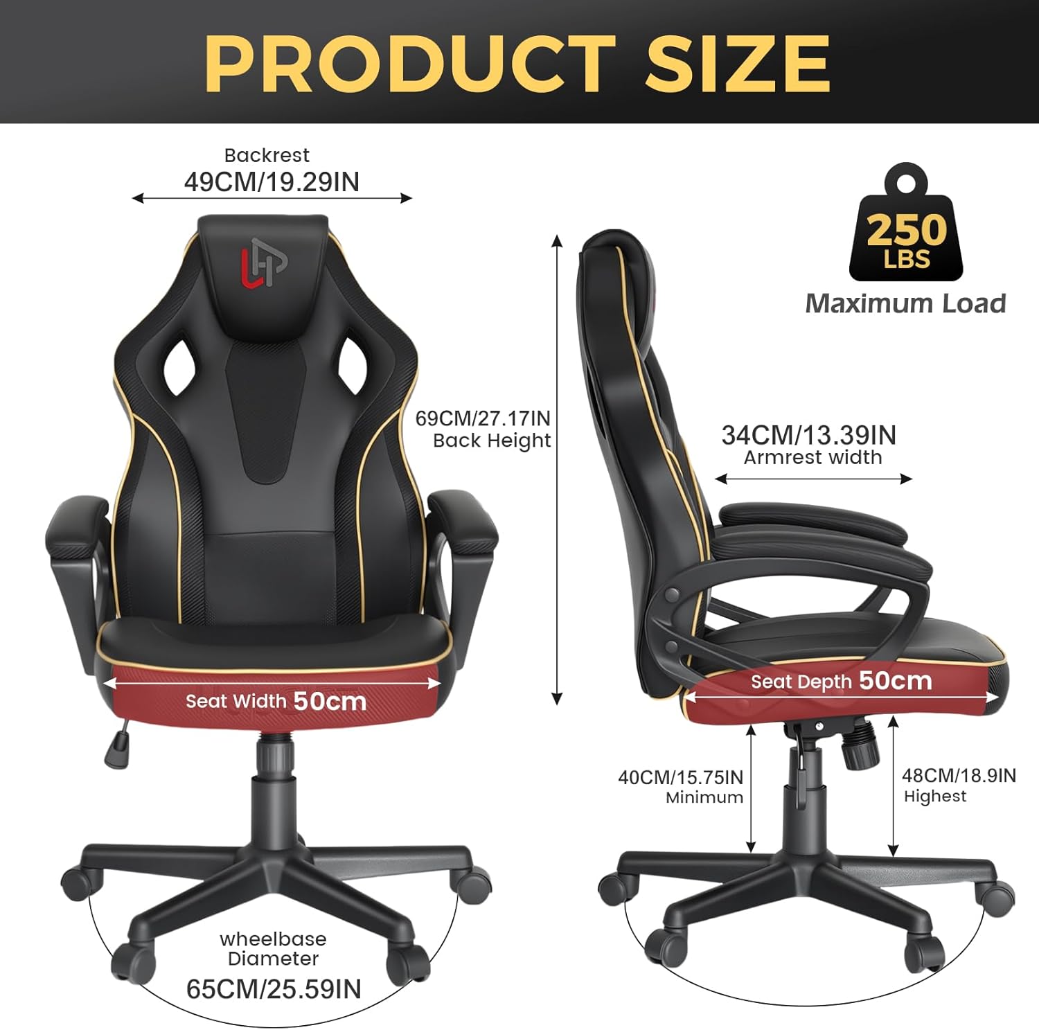 HapGIFT Gaming Chair, Ergonomic Computer Gaming Chairs with Link Armrest, PU Leather Video Game Chairs for Adults Teens, Height Adujustable Racing Style PC Chair for Home, 300LBS (BLACK)