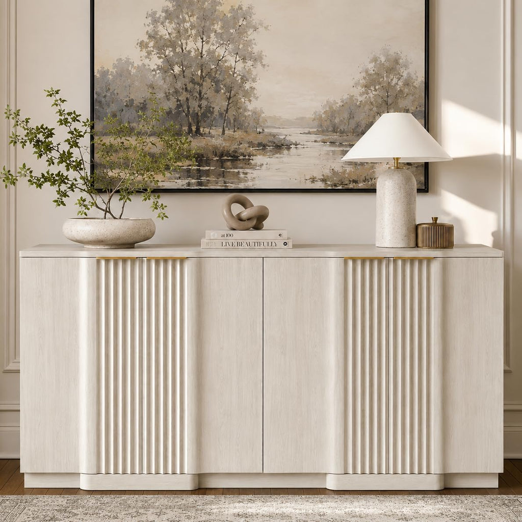 Yechen Buffet Cabinet with Storage, 55" Accent Sideboard Modern Credenza with Doors & Adjustable Shelves Fluted Media Console Wood Coffee Bar Table for Living Kitchen Dining Room White(4 Door)