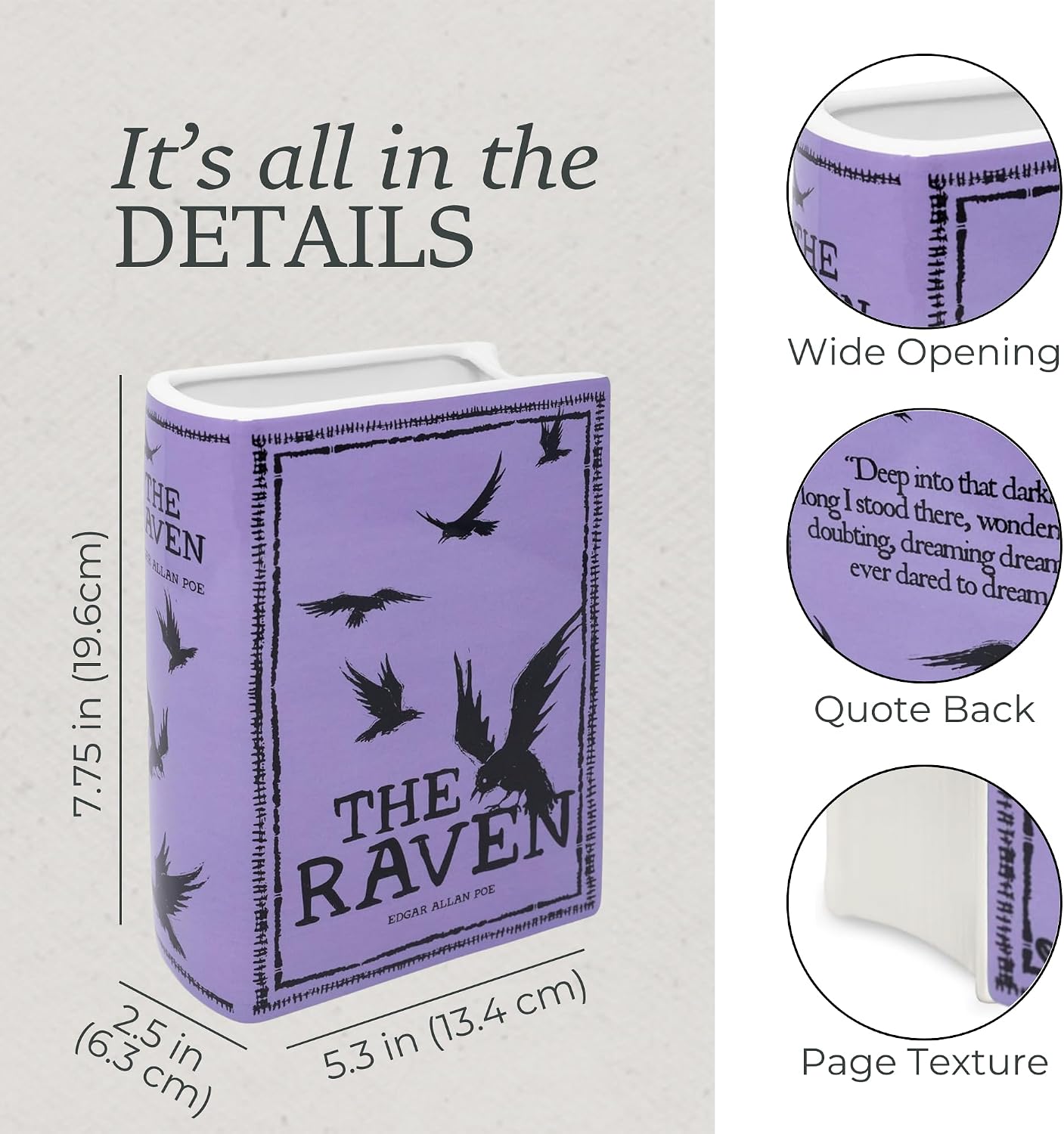 Steel Mill & Co Original Large Book-Shaped Decorative Vase, Ceramic Vases for Home Decor, Cute Bookshelf Decor, Unique Vase for Book Lovers, The Raven - Purple