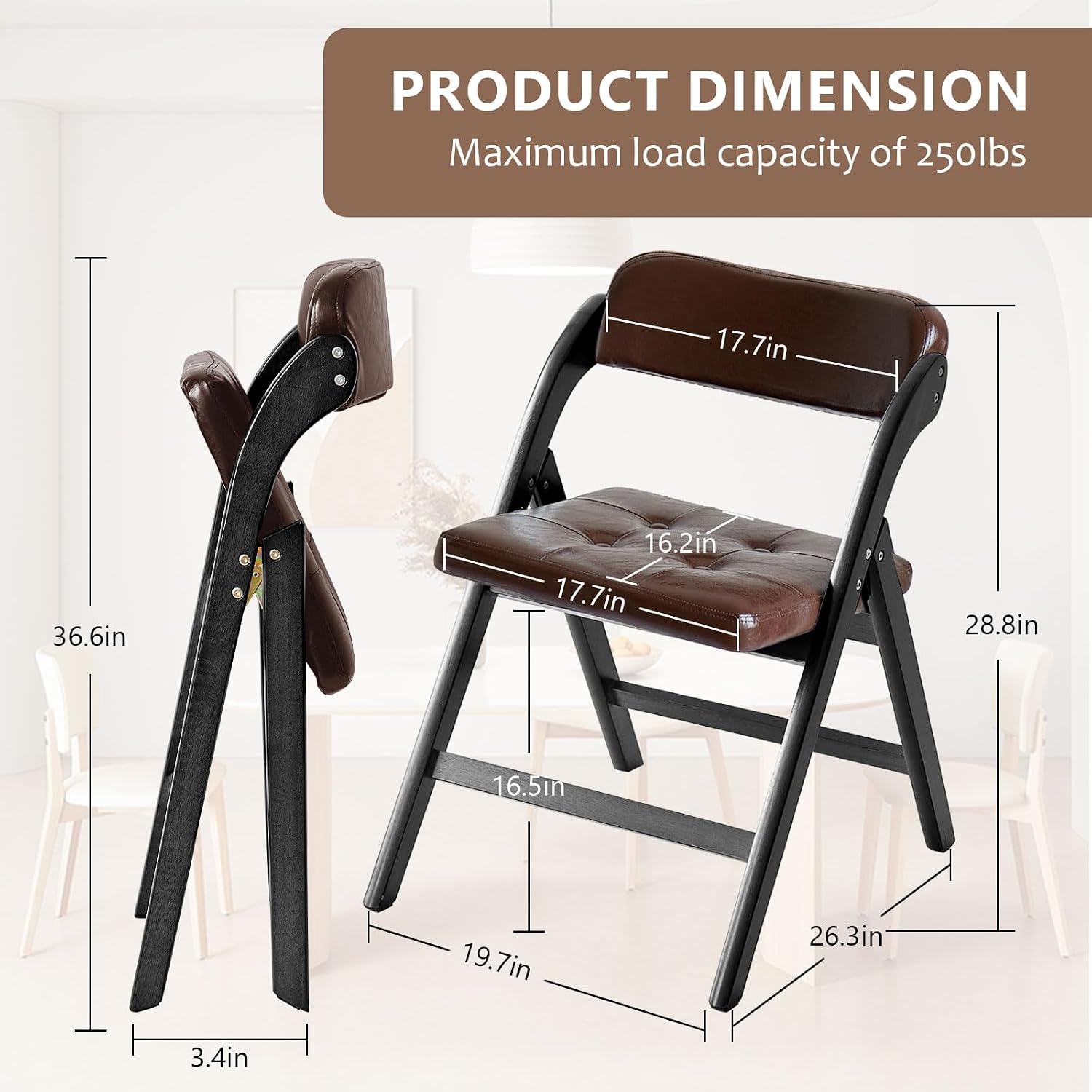 Wooden Folding Chairs Set of 2, Modern Folding Chairs with Padded Seats, Folding Dining Chairs, Padded Folding Chair for Party Chairs, Weddings, BlackBrown