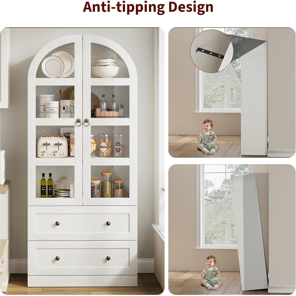 CABIHOME 72" Tall Arched Kitchen Pantry Cabinet, Freestanding Farmhouse Storage Cupboard with Doors, Drawers & Shelves, Versatile Wooden Organizer for Dining Room, Living Room, White