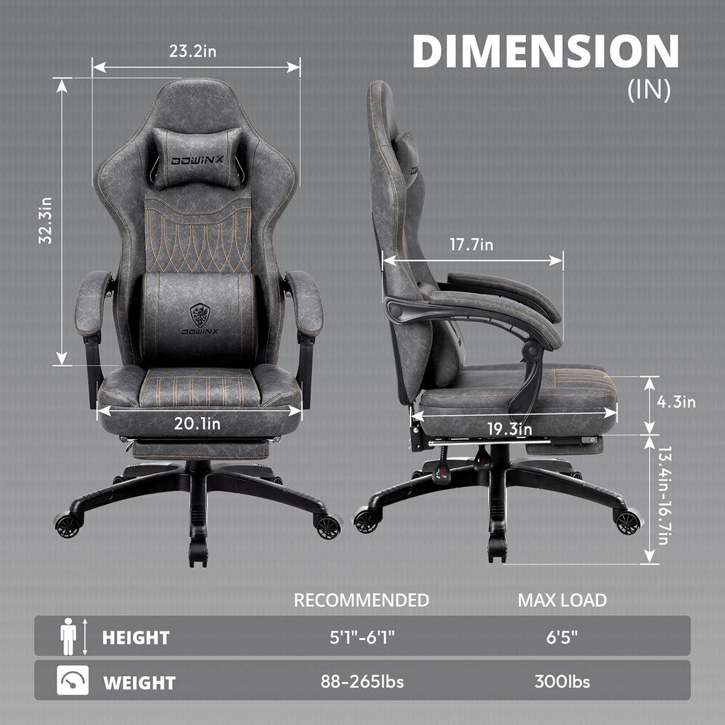 Dowinx Gaming Chair, Breathable PU Leather Gamer Chair with Memory Foam, Pocket Spring Cushion and Footrest, Big and Tall Ergonomic Reclining Computer Chair with Massage Lumbar Support, Deep Gray
