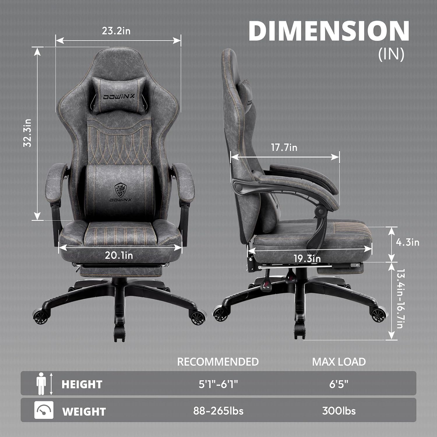Dowinx Gaming Chair, Breathable PU Leather Gamer Chair with Memory Foam, Pocket Spring Cushion and Footrest, Big and Tall Ergonomic Reclining Computer Chair with Massage Lumbar Support, Deep Gray