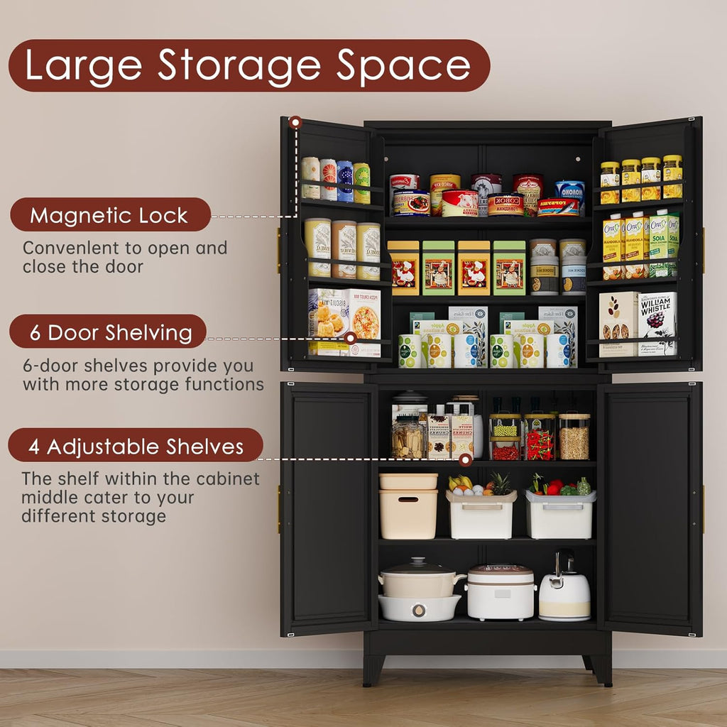 PAOFIN 75" H Metal Storage Cabinet, Pantry with 6 Door Shelves and 4 Adjustable Shelves, Leveling Foot for Kitchen, Living Room and Dinning Room, Black